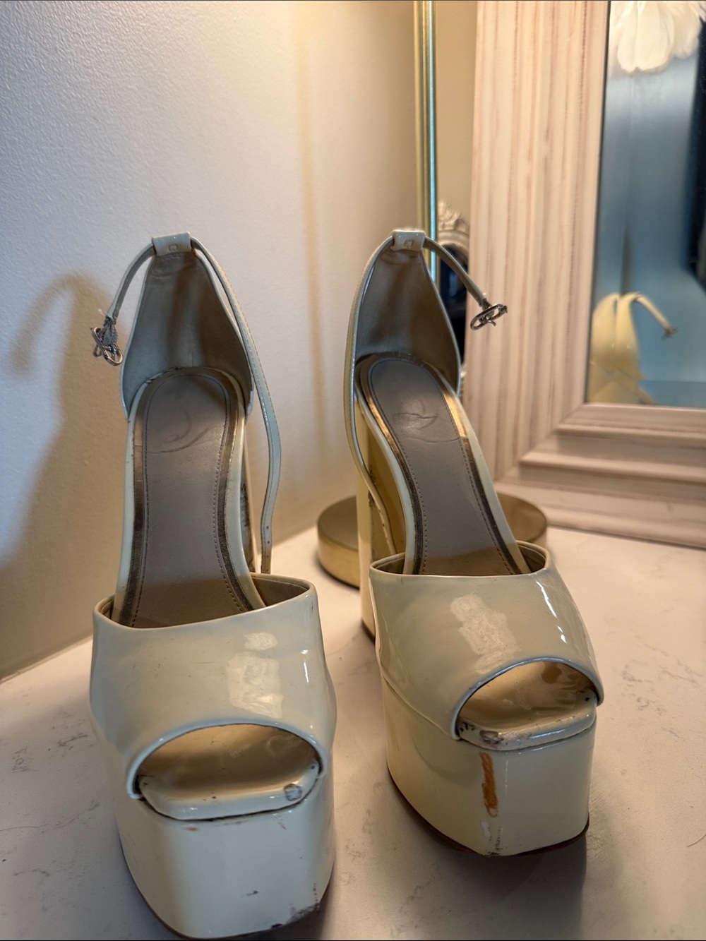 Jessica Simpson Cream Patent Platform Peep-Toe Ankle-Strap Heels
